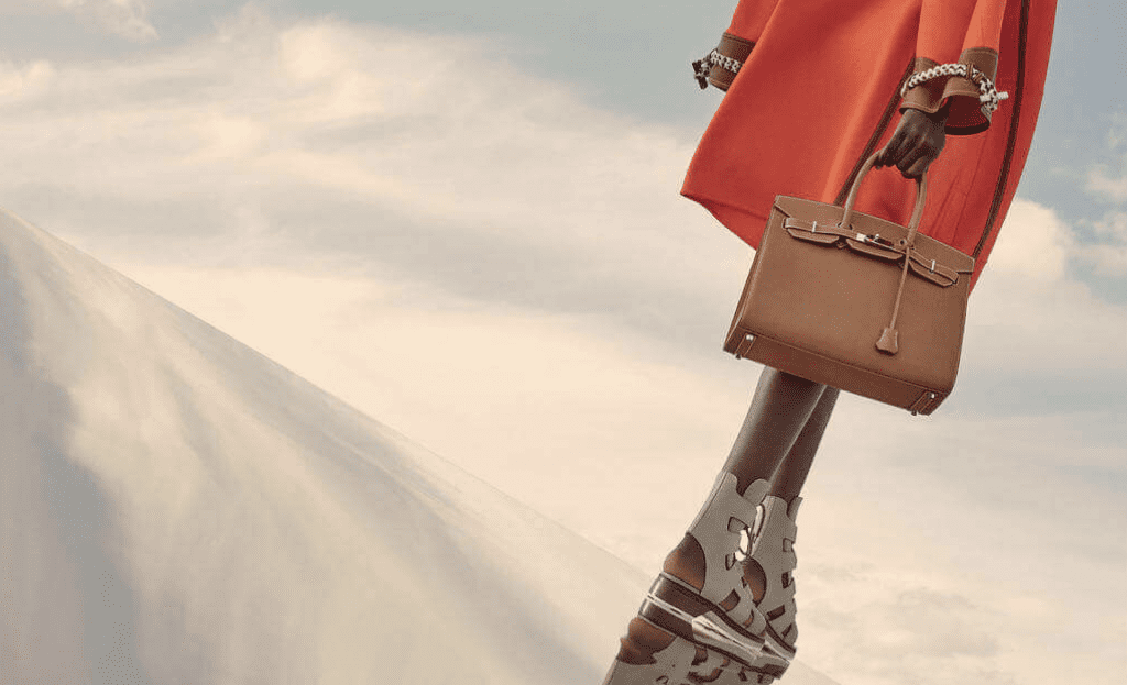 Woman in an orange dress carrying a tan Hermès Birkin bag, styled with woven bracelets and sculptural sandals against a desert dune and cloudy sky