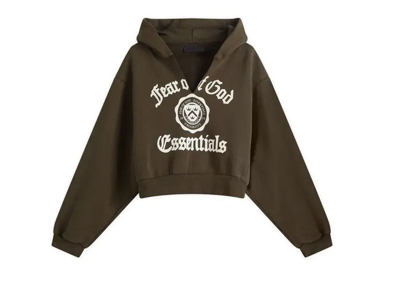 Fear of God Essentials Women's Heavy Fleece Cropped V-Neck Hoodie Brown | Soul Gallery