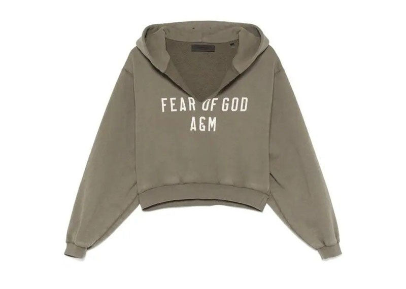 Fear of God Essentials Women's Heavy Fleece Cropped V-Neck Hoodie Military