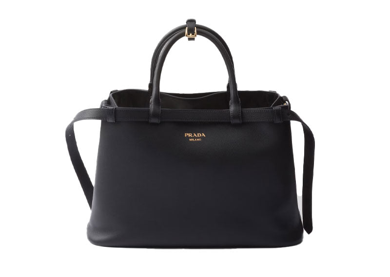 Prada Buckle Medium Leather Double Belt Handbag Black