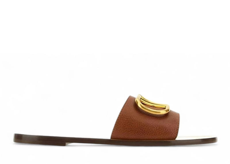 Valentino Calfskin Point V Logo Signature Slide Sandal Tan (Women's)