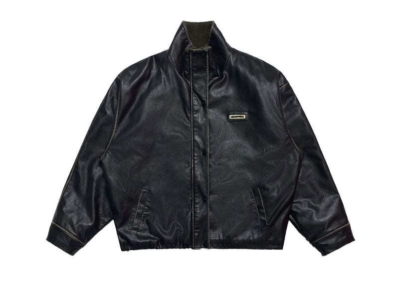 MASONPRINCE Washed Distressed Leather Faux Lambswool Quilted Jacket Black