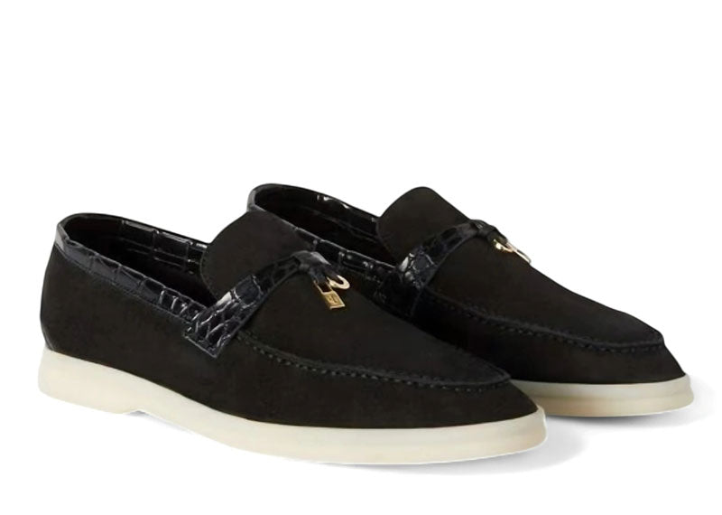 Loro Piana Summer Charms Walk Loafer Suede Alligator Skin Black