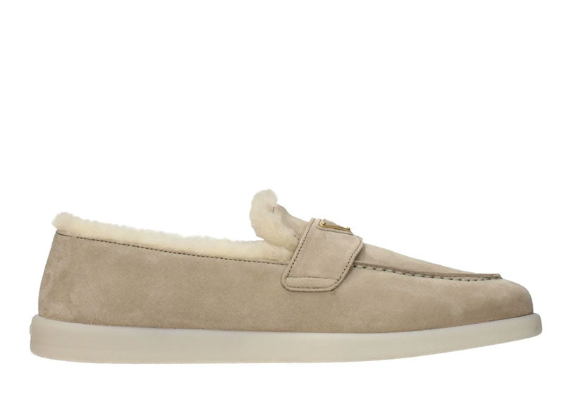Prada Shearling Suede Loafers Beige