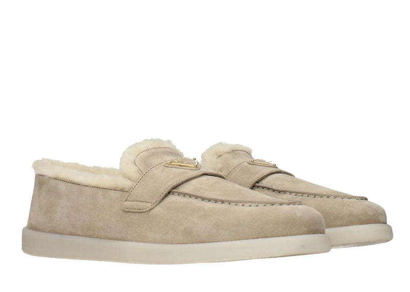 Prada Shearling Suede Loafers Beige