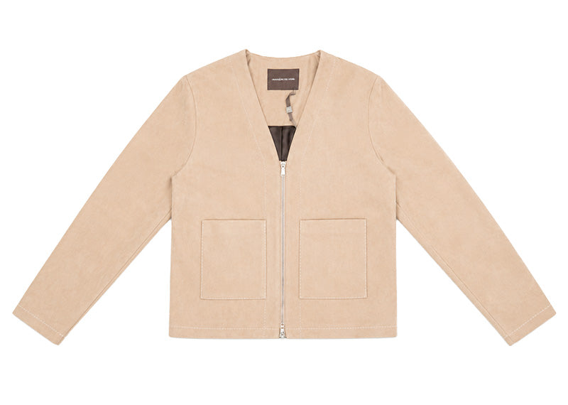 Maniere De Voir Maxime Suede Zip Jacket Contrast Stitch Beige