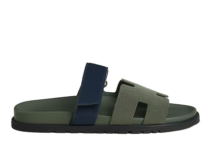Hermes Chypre Sandal Suede Vert Véronèse / Bleu Marine
