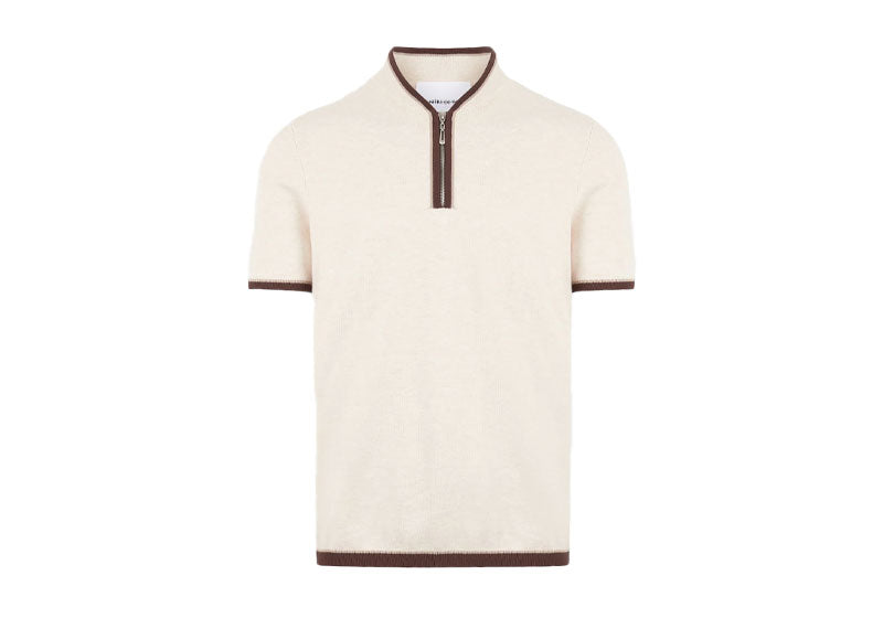 Maniere De Voir Contrast Stripe Knitted Zip Polo Shirt Cream