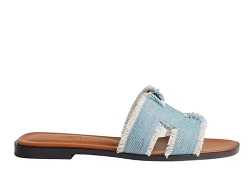 Hermes Oran Sandal Bleu Clair Fringed Denim (Women's) | Soul Gallery