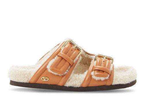 Valentino Garavani Shearling-Lined Leather Sandals Almond | Soul Gallery
