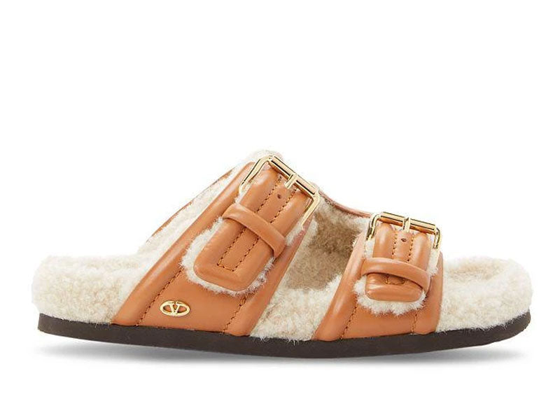Valentino Garavani Shearling-Lined Leather Sandals Almond | Soul Gallery