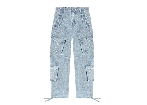 Maniere De Voir High Waisted Boucle Denim Cargo Pants Mid Blue | Soul Gallery