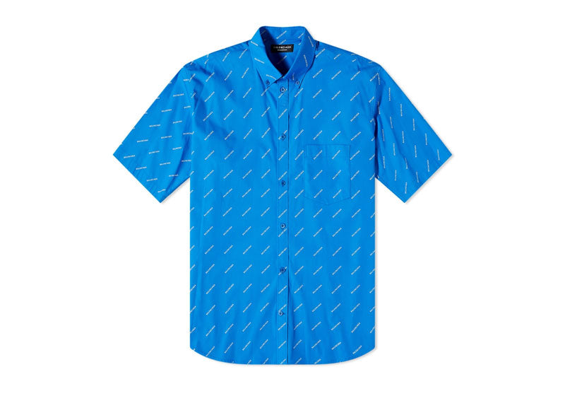 Balenciaga All Over Logo Button Down Shirt Blue | Soul Gallery