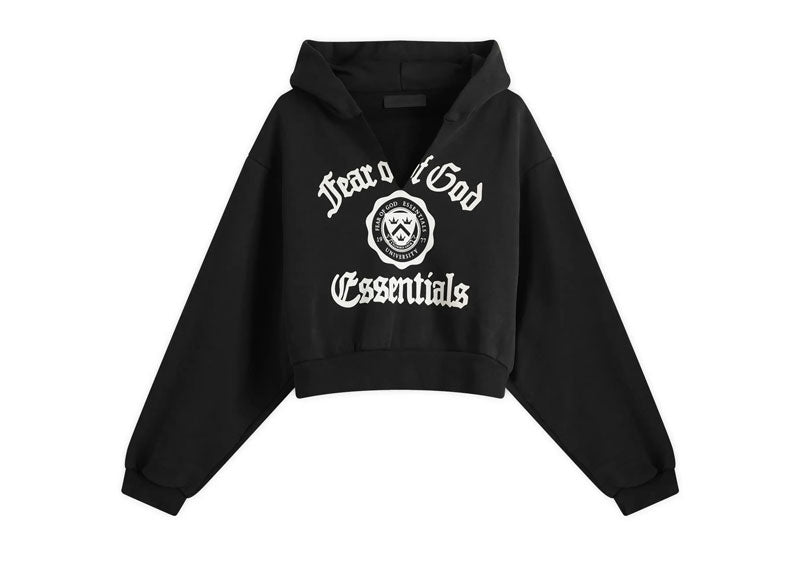 Fear of God Essentials Women's Heavy Fleece Cropped V-Neck Hoodie Black