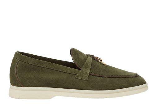 Loro Piana Summer Charms Walk Loafers Suede Ribbon Green