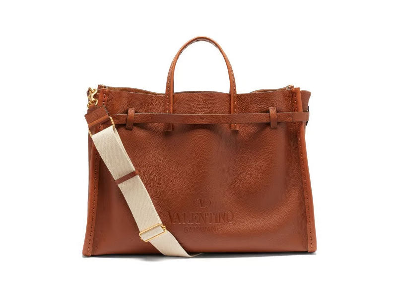 Valentino Garavani Logo Debossed Leather Large Tote Bag Tan