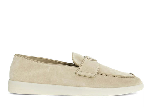 Prada Triangle Logo Suede Loafers Beige
