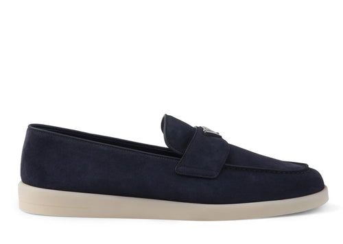 Prada Triangle Logo Suede Loafers Navy