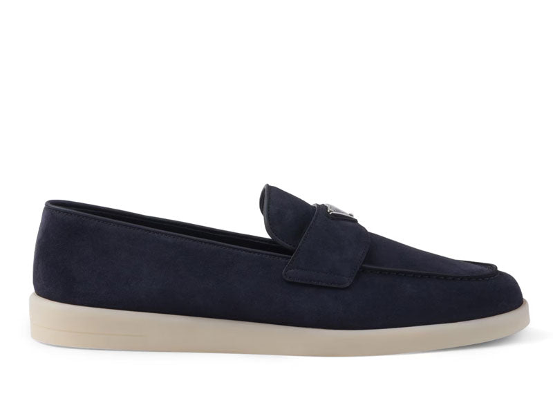 Prada Triangle Logo Suede Loafers Navy