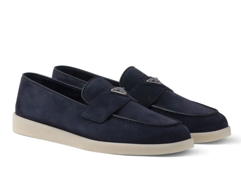 Prada Triangle Logo Suede Loafers Navy