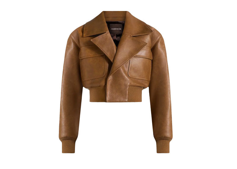 Maniere De Voir Cosette Vintage Leather Lapel Bomber Jacket Brown