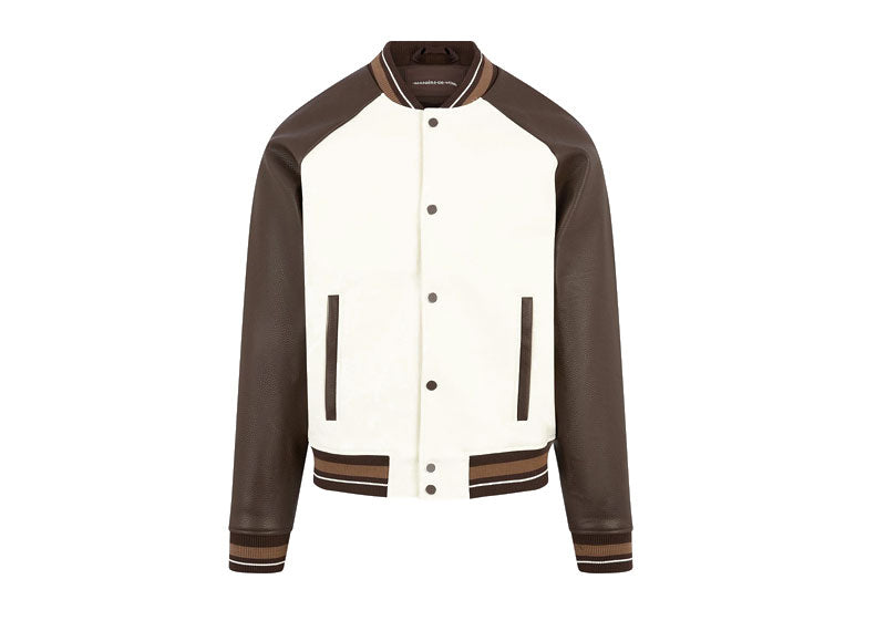 Maniere De Voir Contrast Leather Bomber Jacket Cream Brown