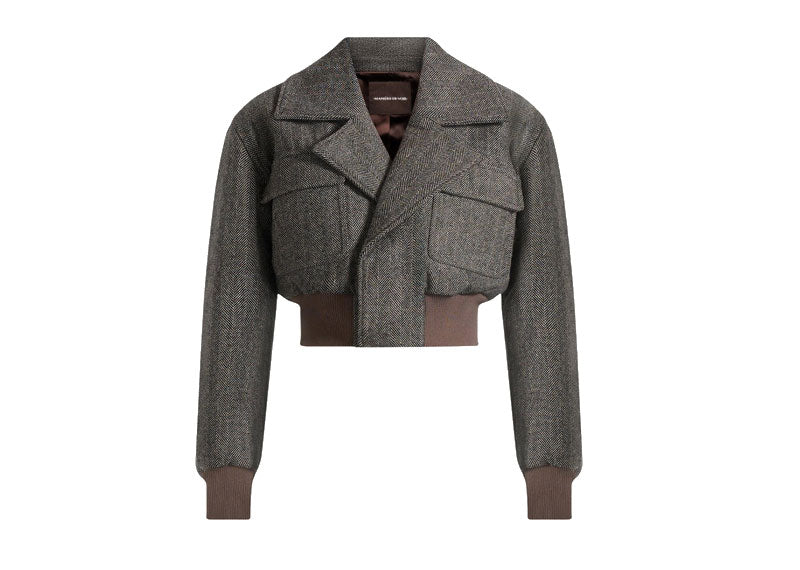 Maniere De Voir Cosette Herringbone Wool Lapel Bomber Jacket Grey