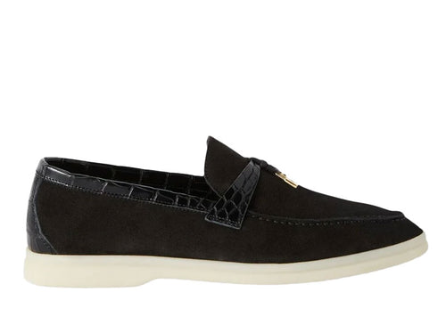 Loro Piana Summer Charms Walk Loafer Suede Alligator Skin Black