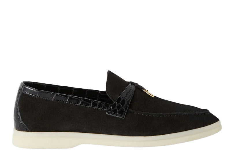 Loro Piana Summer Charms Walk Loafer Suede Alligator Skin Black