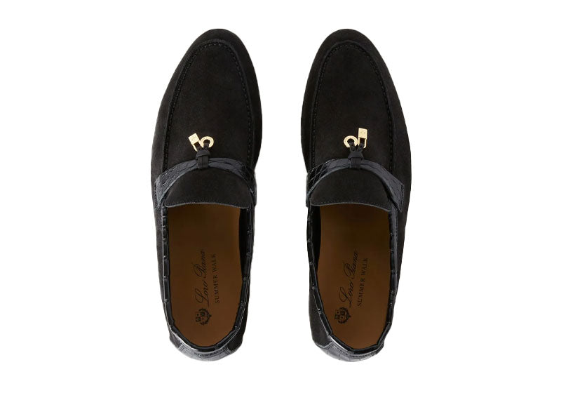 Loro Piana Summer Charms Walk Loafer Suede Alligator Skin Black