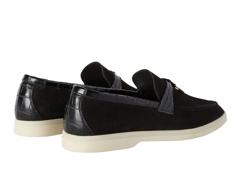 Loro Piana Summer Charms Walk Loafer Suede Alligator Skin Black