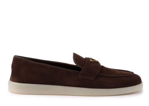 Prada Triangle Logo Suede Loafers Dark Brown
