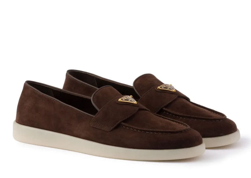 Prada Triangle Logo Suede Loafers Dark Brown
