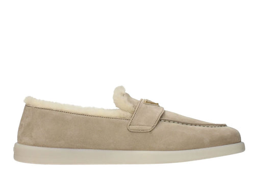 Prada Shearling Suede Loafers Beige
