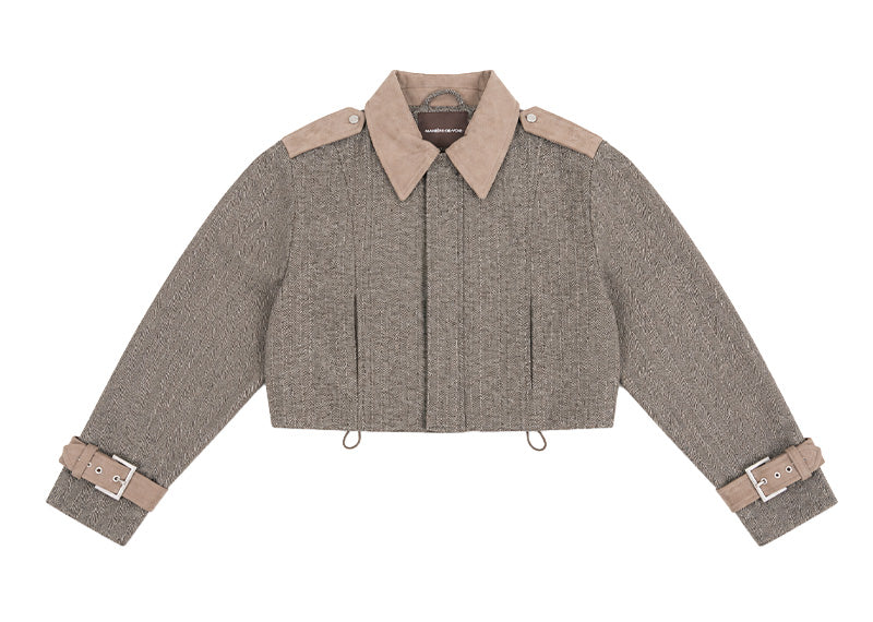 Maniere De Voir Herringbone and Suede Bungee Hem Jacket Grey
