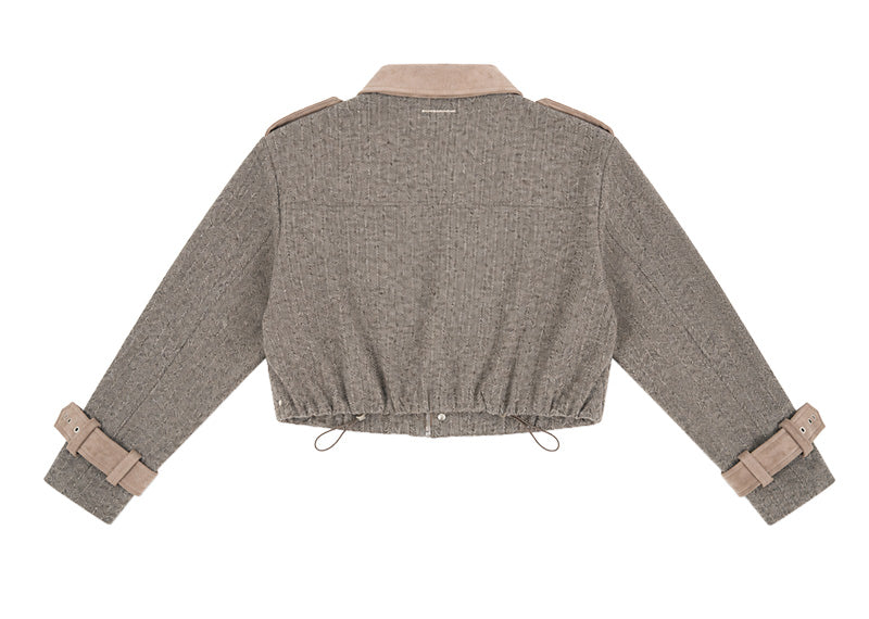 Maniere De Voir Herringbone and Suede Bungee Hem Jacket Grey