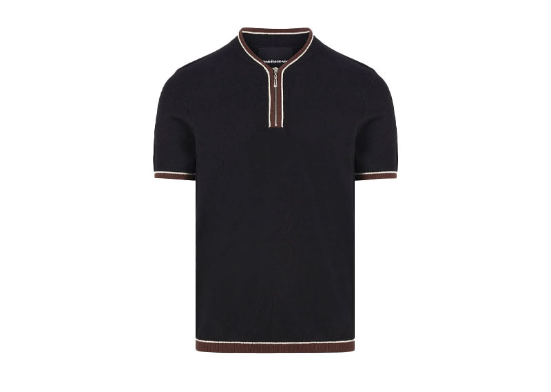 Maniere De Voir Contrast Stripe Knitted Zip Polo Shirt Black