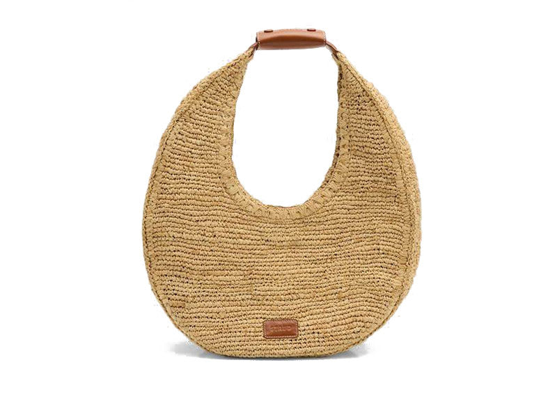 STAUD Large Raffia Moon Tote Beige Cognac Brown